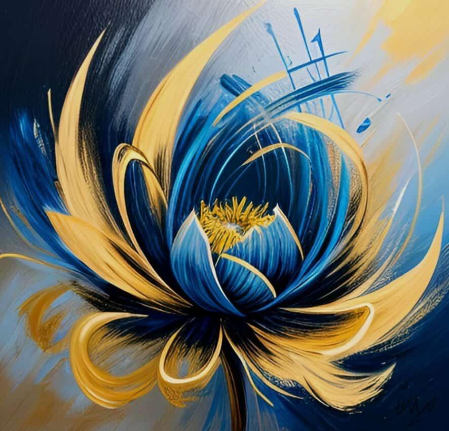 Tableau peinture Fleur Dansante Bleu doré - artiste EVA JEKINS