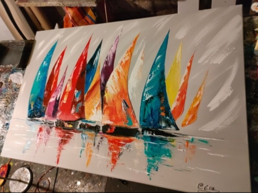 Grand tableau Panoramique Marine Design Coloré peint à la main