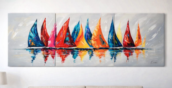 Grand triptyque Voiles colorées peint main Eva Jekins