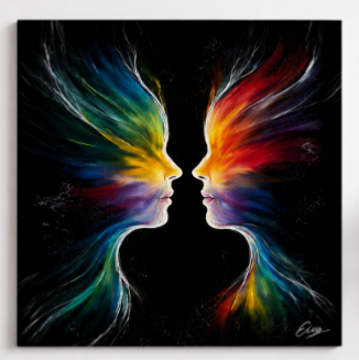 Tableau Peinture Visages Couple Coloré XXL 100x100cm - Symbiose - Artiste Eva Jekins