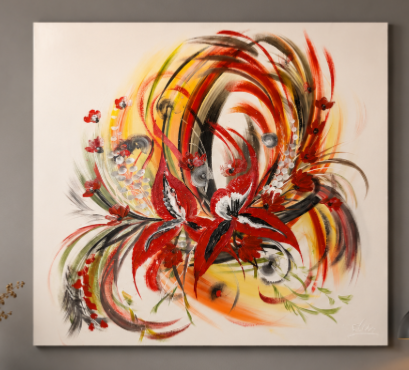 Tableau Peinture Folie de Fleurs Rouge - Artiste Eva Jekins