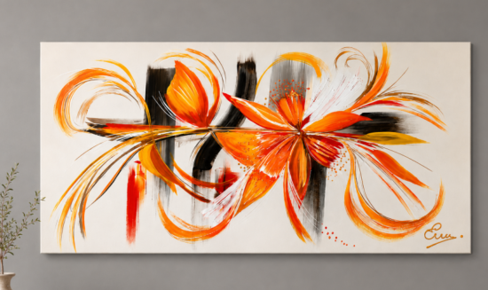 Tableau Orangé Design Panoramique Fleurs abstrait  - Artiste Eva Jekins