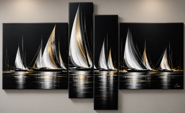Tableau Design Noir Blanc Doré Voiliers Chic - Peint à la main par Eva Jekins