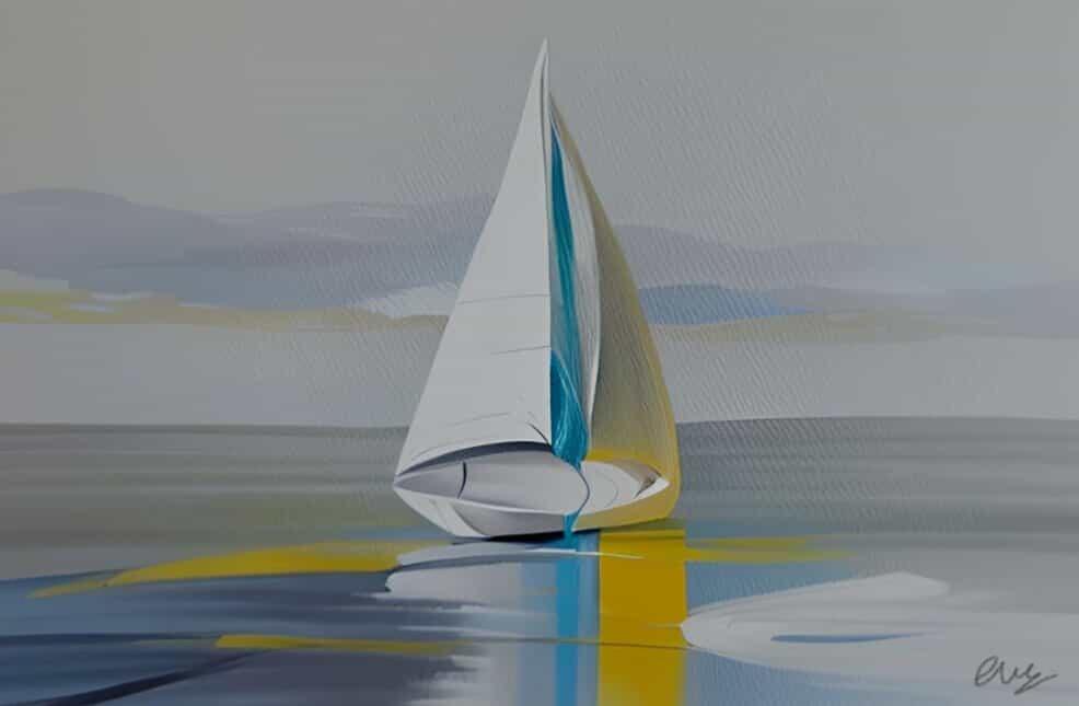 Grand tableau peinture bateau gris  notes jaune et bleu - artiste EVA JEKINS