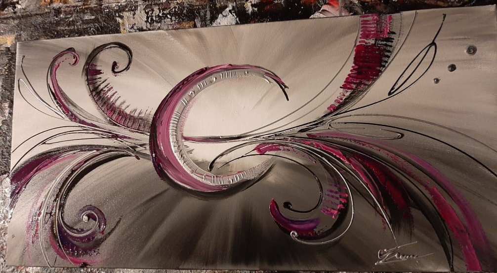 Grand tableau peint main abstrait Fushia Gris Luna