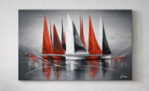 Tableau Marine Design Gris Rouge peint à la main