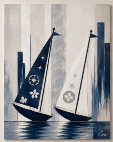 Tableau peinture Luxe Voiliers Bleu Marine Blanc Argenté - Artiste peintre Eva Jekins