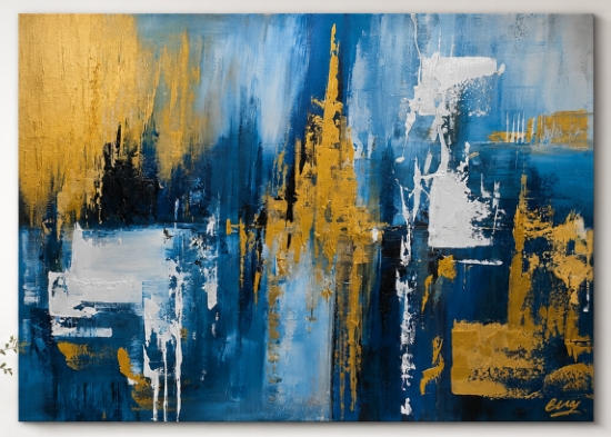 Tableau Abstrait Bleu Canard nuancé Doré Design- Artiste Eva Jekins