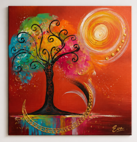 Tableau Automne Dream arbre orangé rouge coloré - Peint à la main par Eva Jekins
