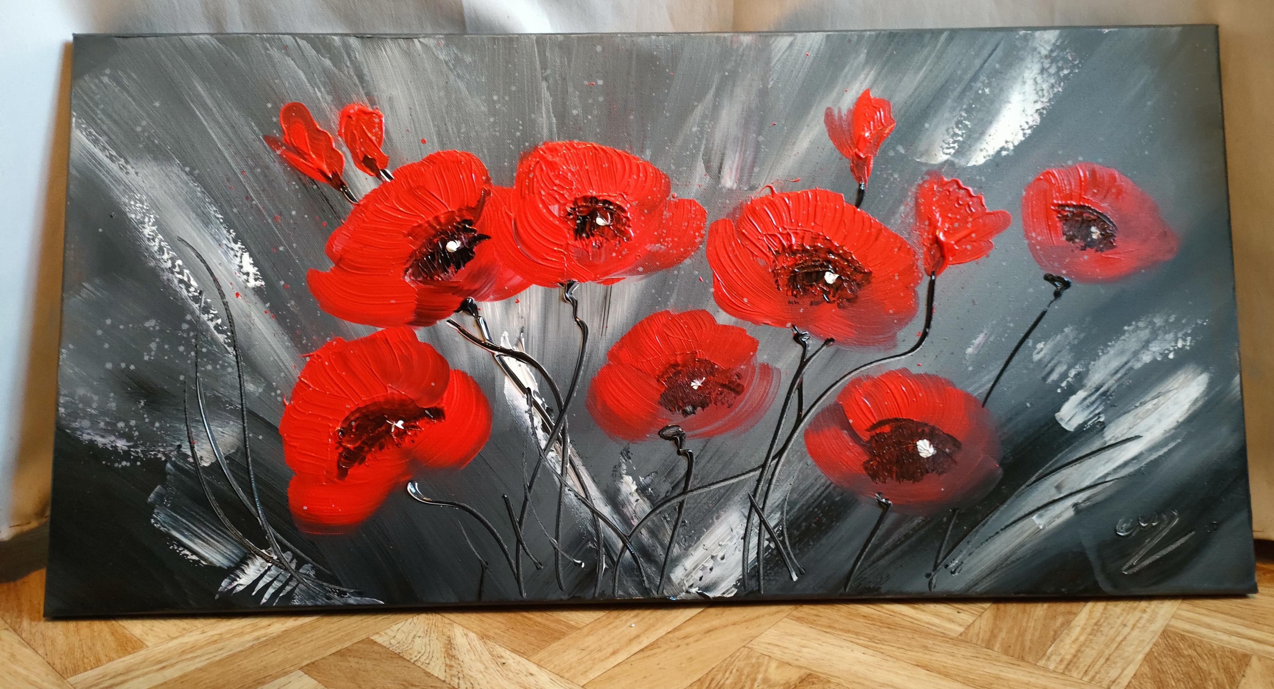 Tableau abstrait gris rouge coquelicots