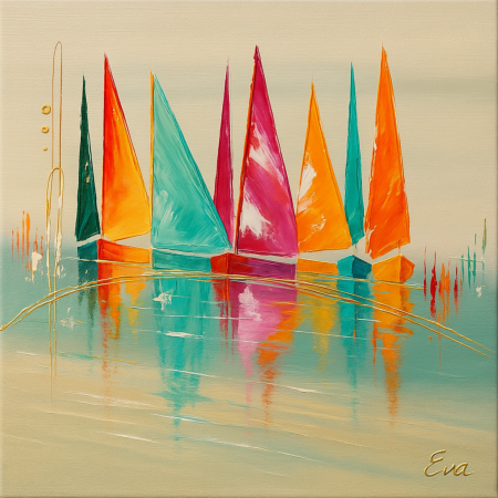 Tableau Voiliers « Regatta Arc-en-Ciel » – Œuvre Signée Eva Jekins (Série Limitée)